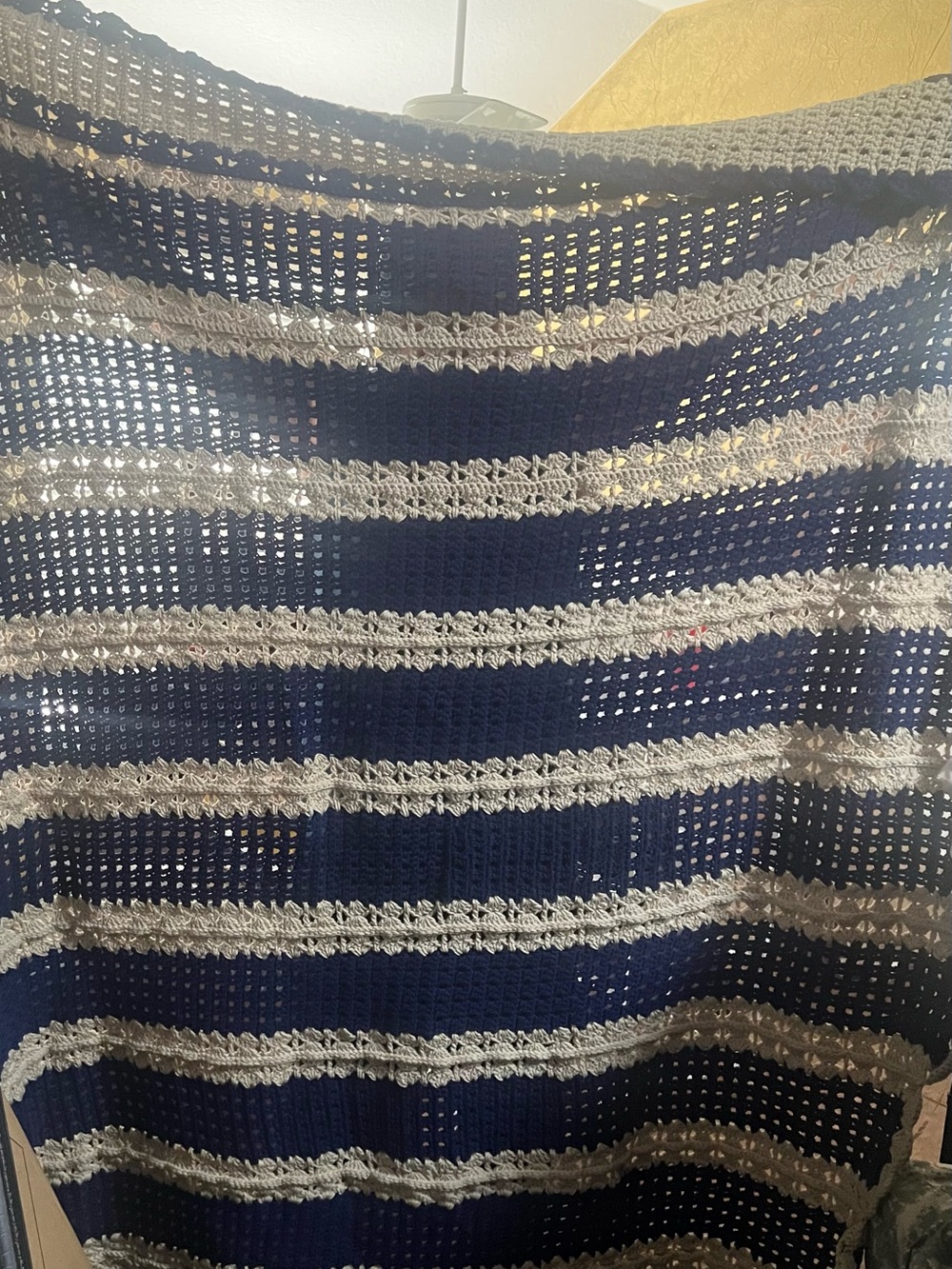 VTG Navy and Cream Crochet Throw Blanket